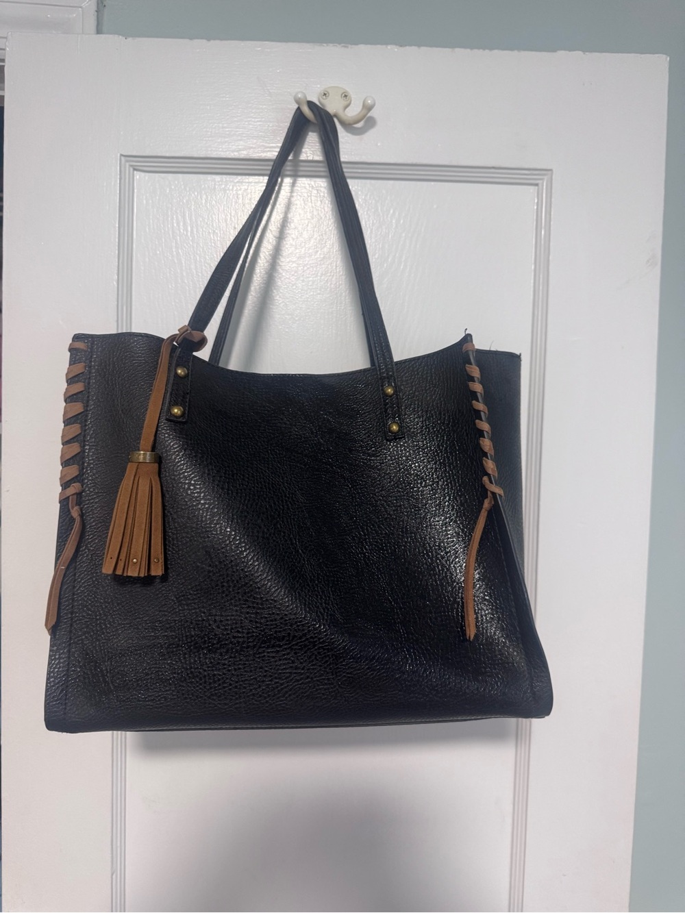 Jessica Simpson Black Tote with Tan Tassel and Laced Sides